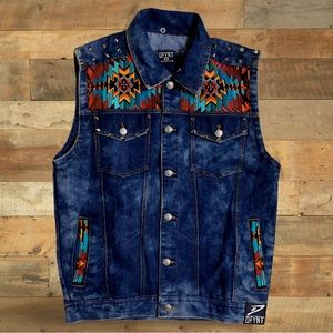 DFYNT Jean Vest With Native Print and Spikeys Blue Size M